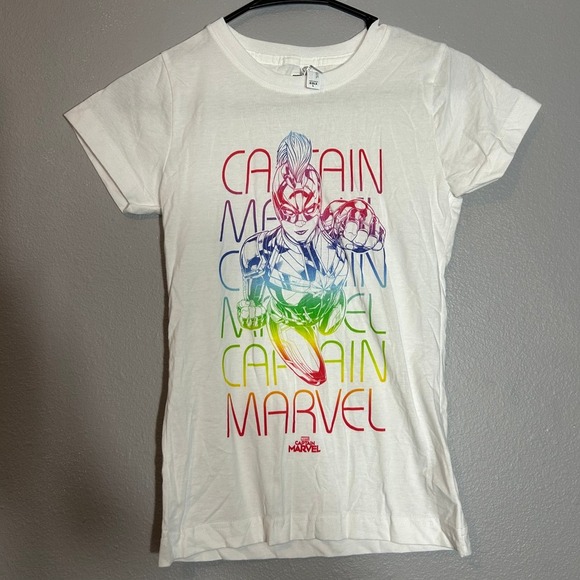 Marvel Captain Marvel Graphic Tee Rainbow Girls T-Shirt White Size L - Picture 1 of 4